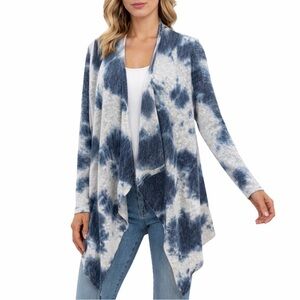 Veronica M Duster Open Cardigan Blue & White Tie Dye Lightweight Knit Boho Large